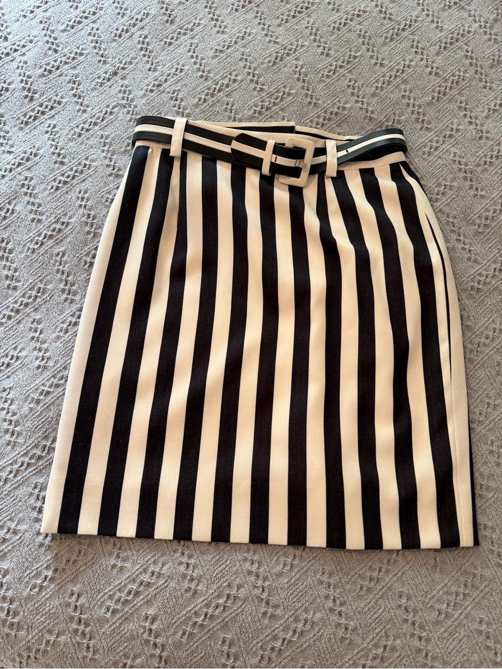 Mondi Black and Cream Vertical-Stripe Pencil Skirt with Belt